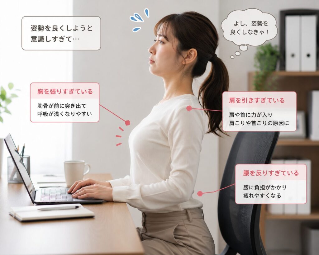 巻き肩改善のために無理に肩甲骨を寄せる女性
