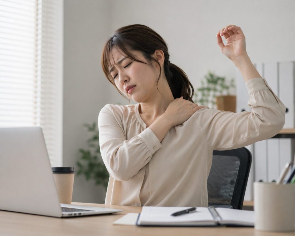 デスクワークによる腕が上がらない症状と肩の重さに悩む女性