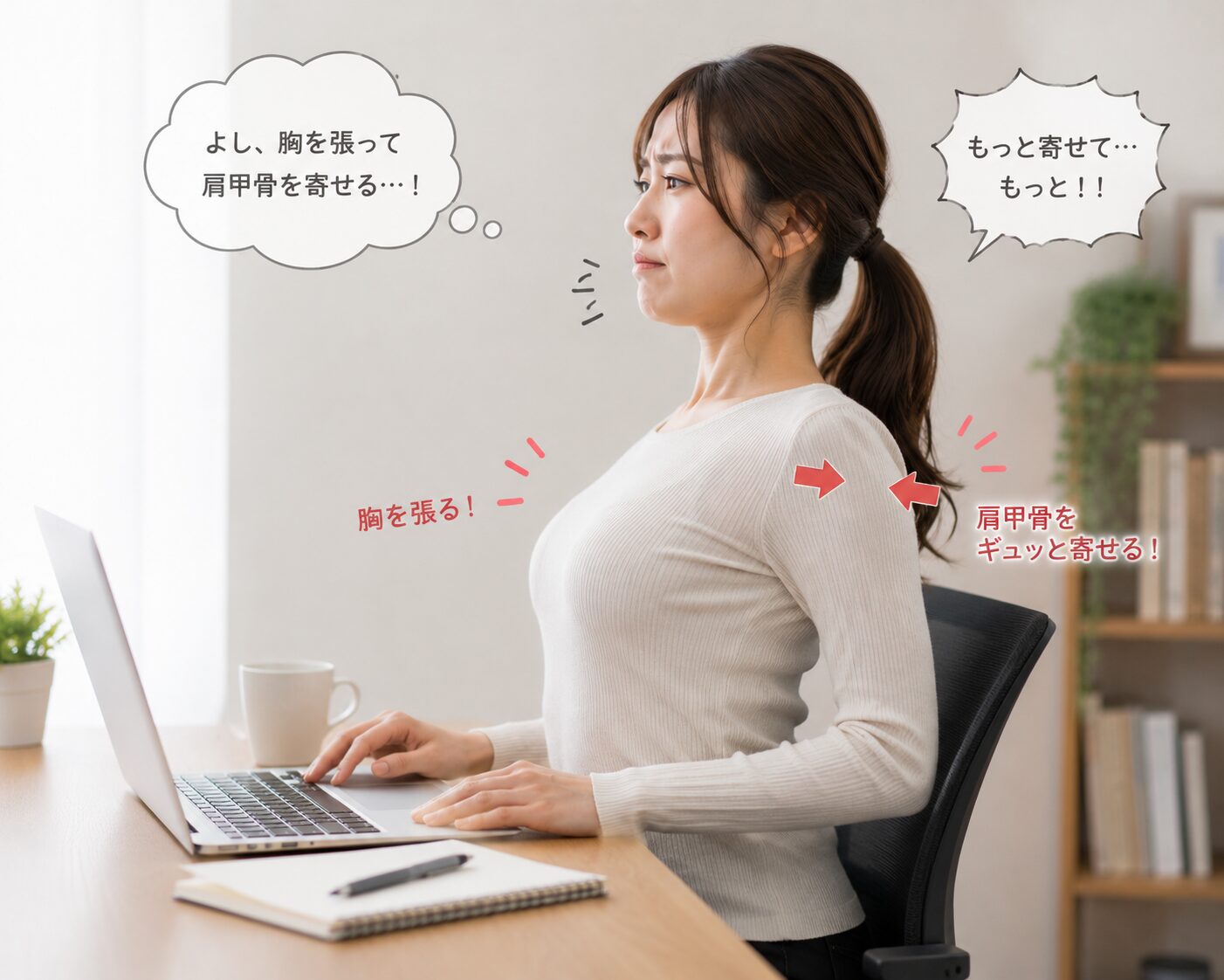 姿勢を良くしようと肩甲骨を寄せて巻き肩が悪化する状態