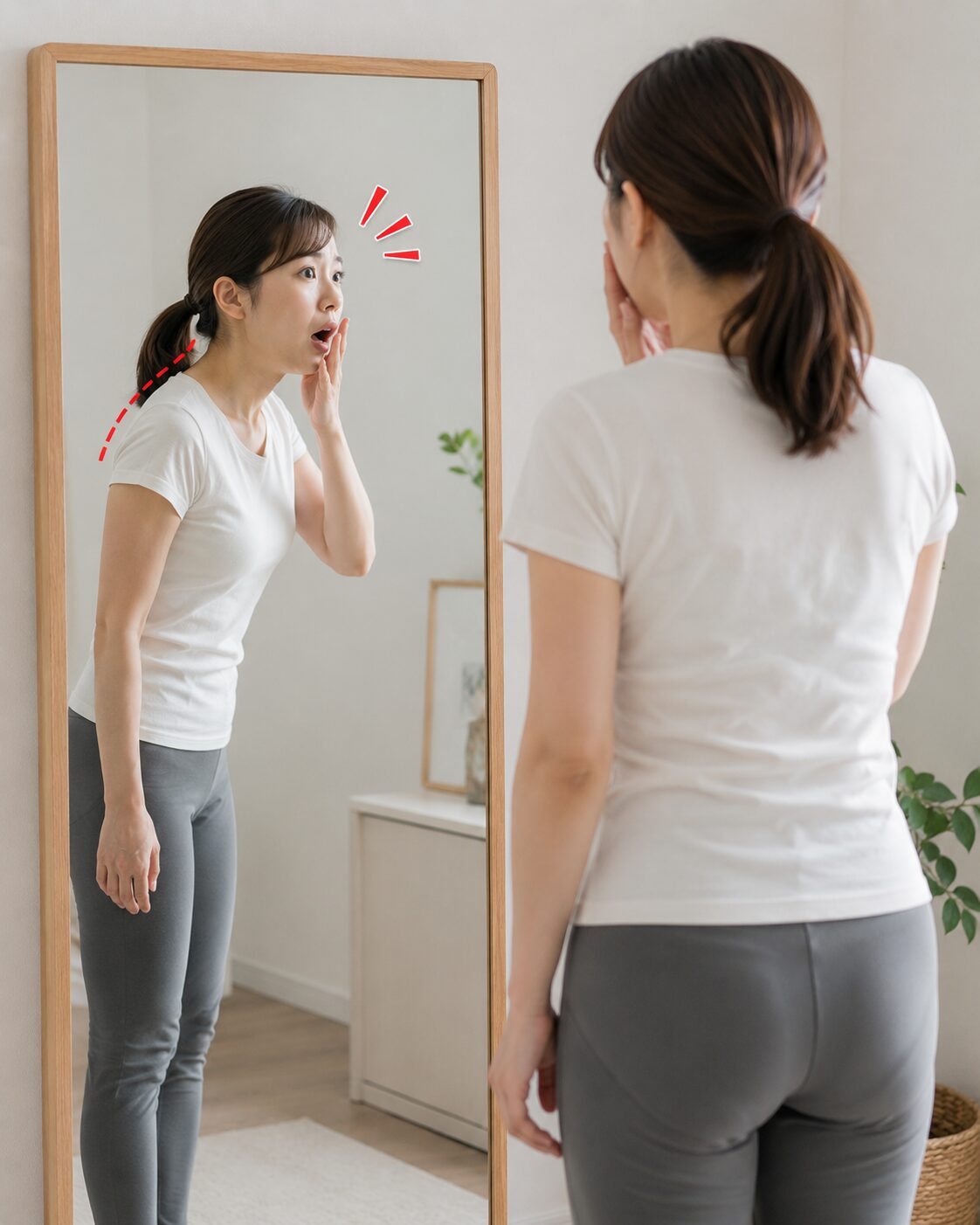 姿見を見てスマホ首に悩む女性（高松市整体, ストレートネック）