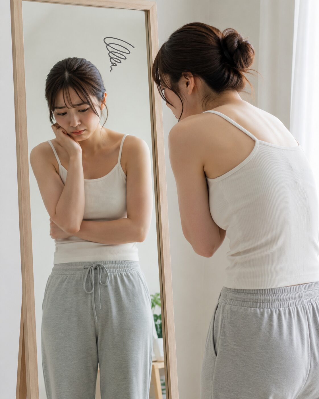 姿見を見て猫背に悩む女性（高松市整体, 猫背）