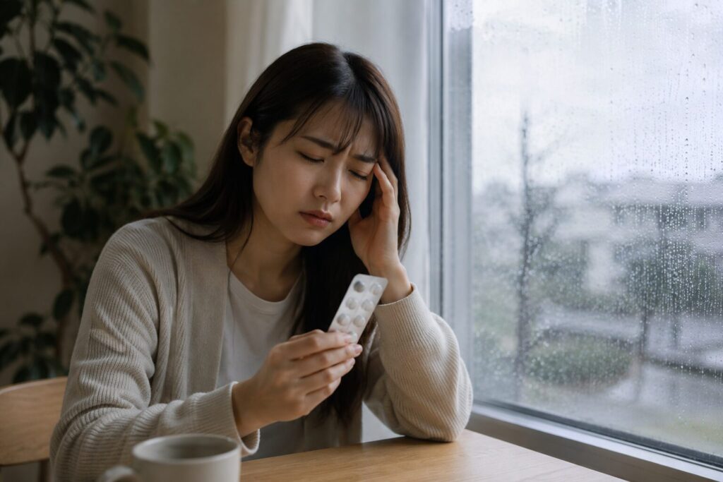 梅雨の頭痛と水分不足に悩む女性