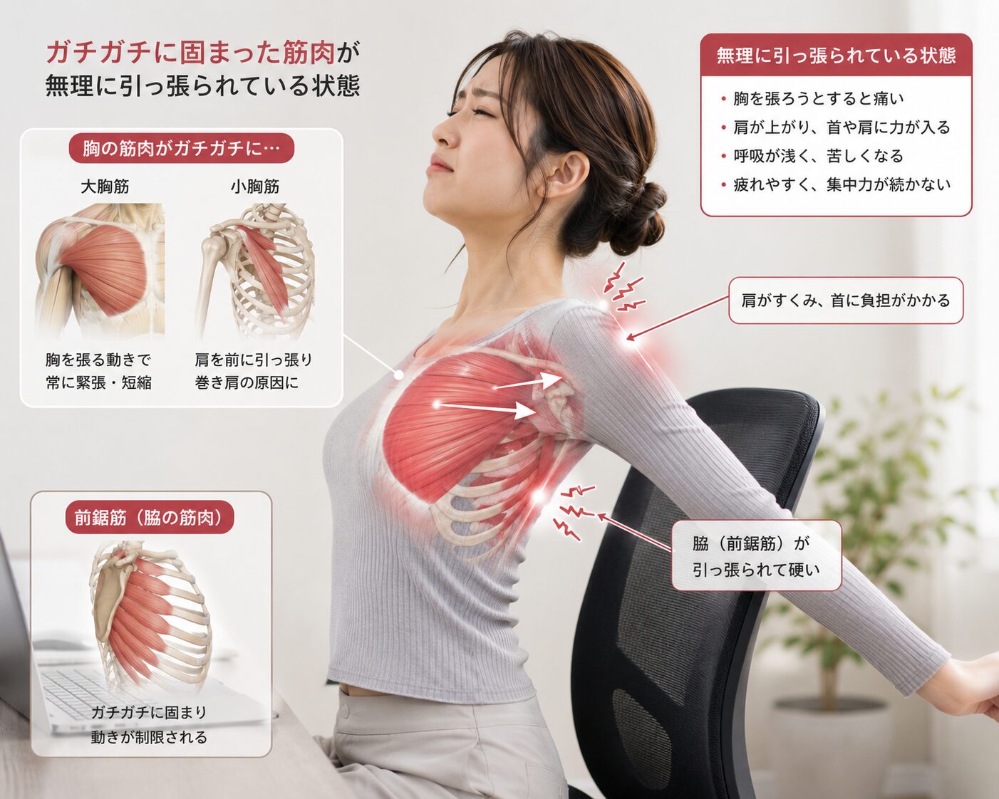 巻き肩悪化の原因となる胸や脇の筋肉の緊張