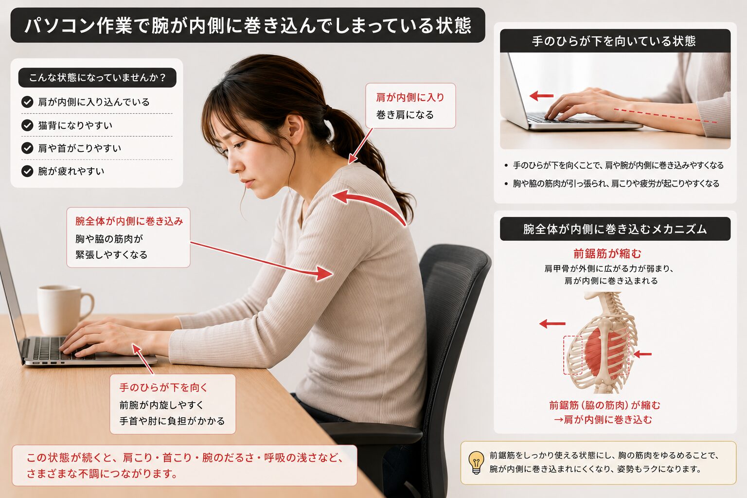 巻き肩を助長する手のひら下向きの姿勢と巻き腕