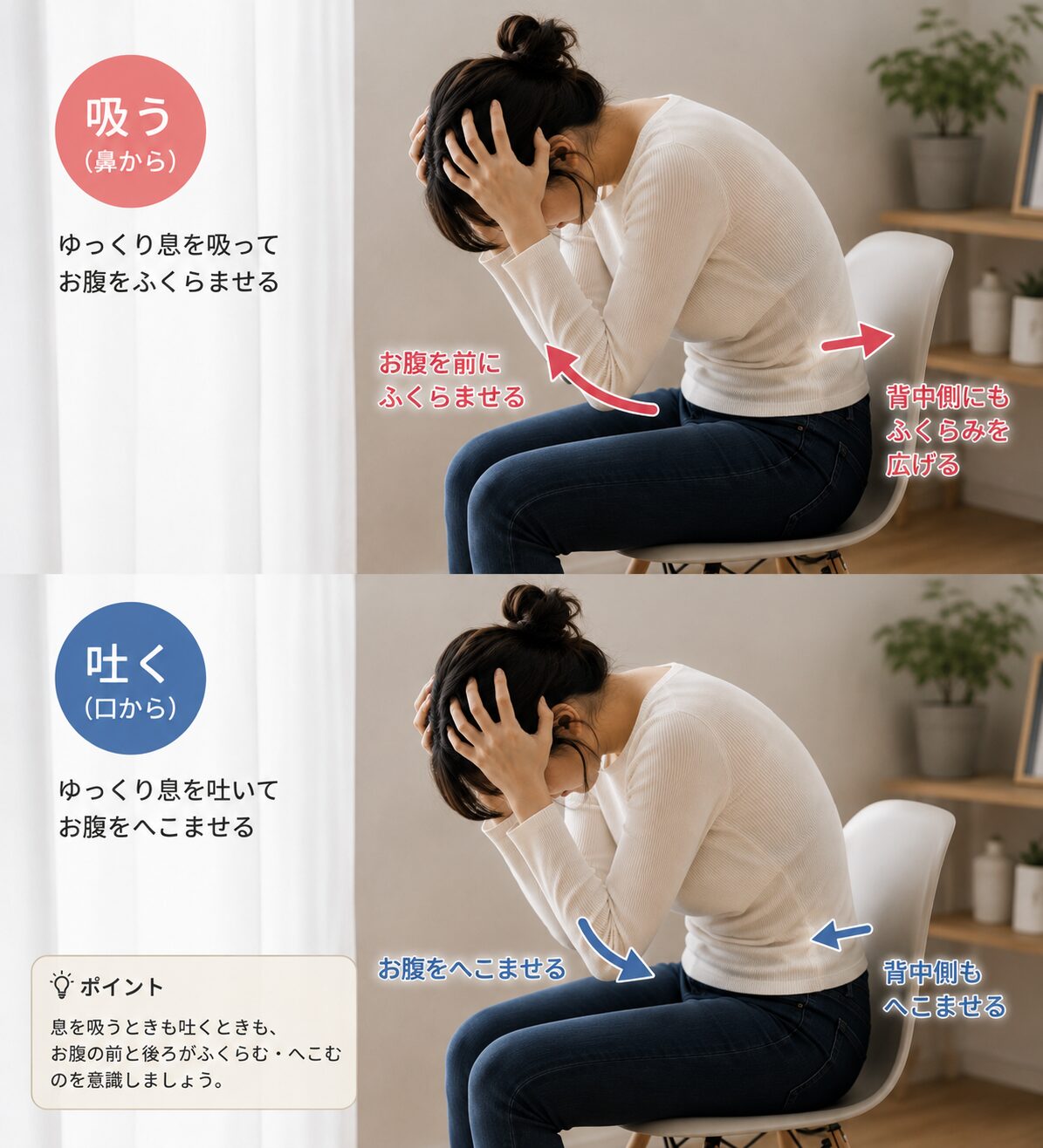 背中に空気を入れる腹式呼吸で胸郭を広げる（高松市整体, 姿勢改善）