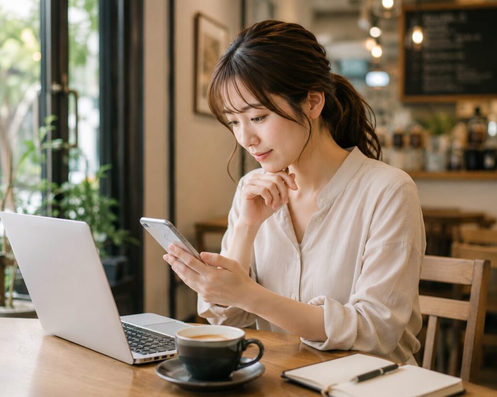 カフェでスマホ首になりながら仕事をする女性
