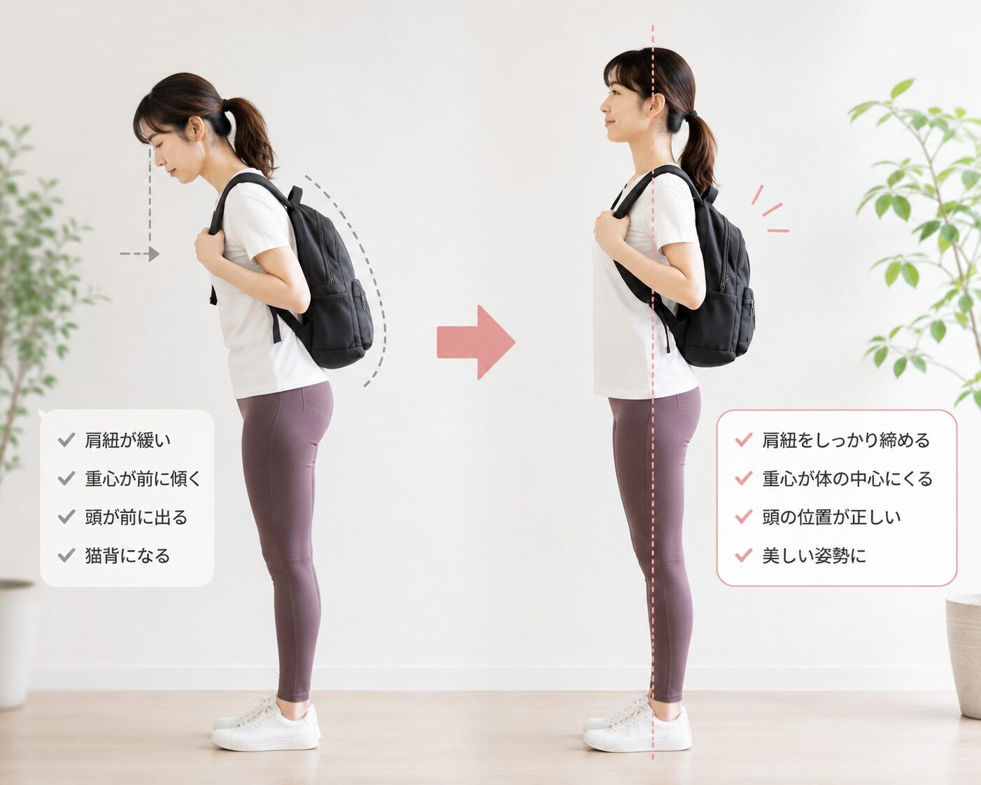 リュックの肩紐を締めて肩こりや首こりを予防する正しい背負い方