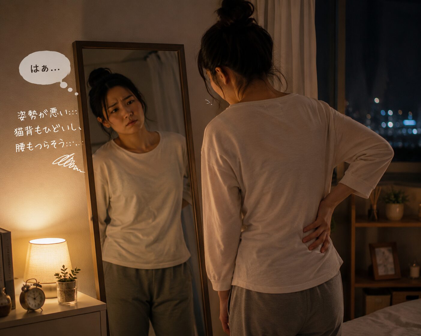 仕事終わりの腰の痛みと繰り返す反り腰に悩む女性