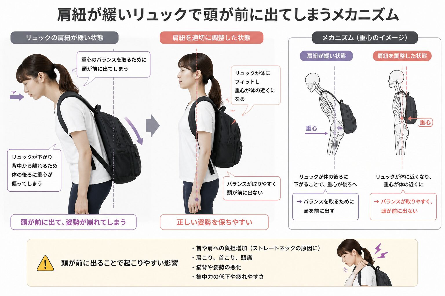 リュックの肩紐の緩みが原因で起こるストレートネックや巻き肩