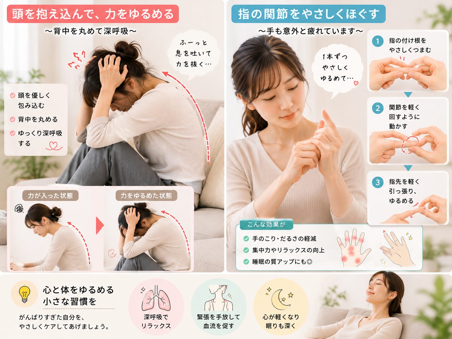 スマホ首を解消し背中と手をほぐすセルフケア