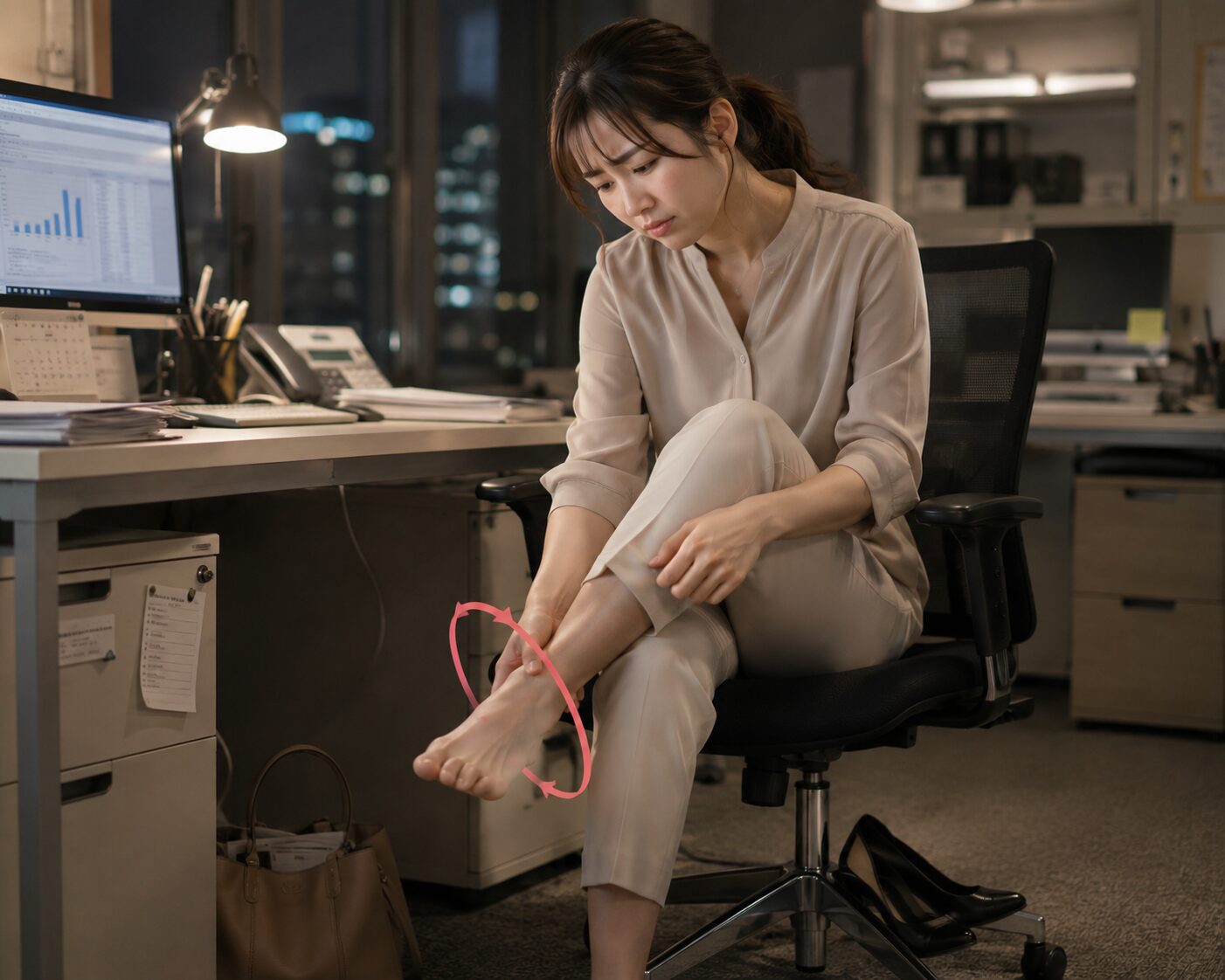 脚がパンパンで怠い女性の間違った足首回し