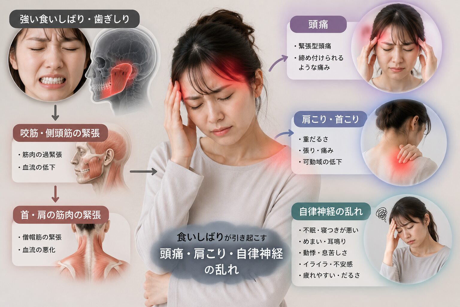 食いしばりが引き起こす顔の歪みや自律神経の乱れなどの不調