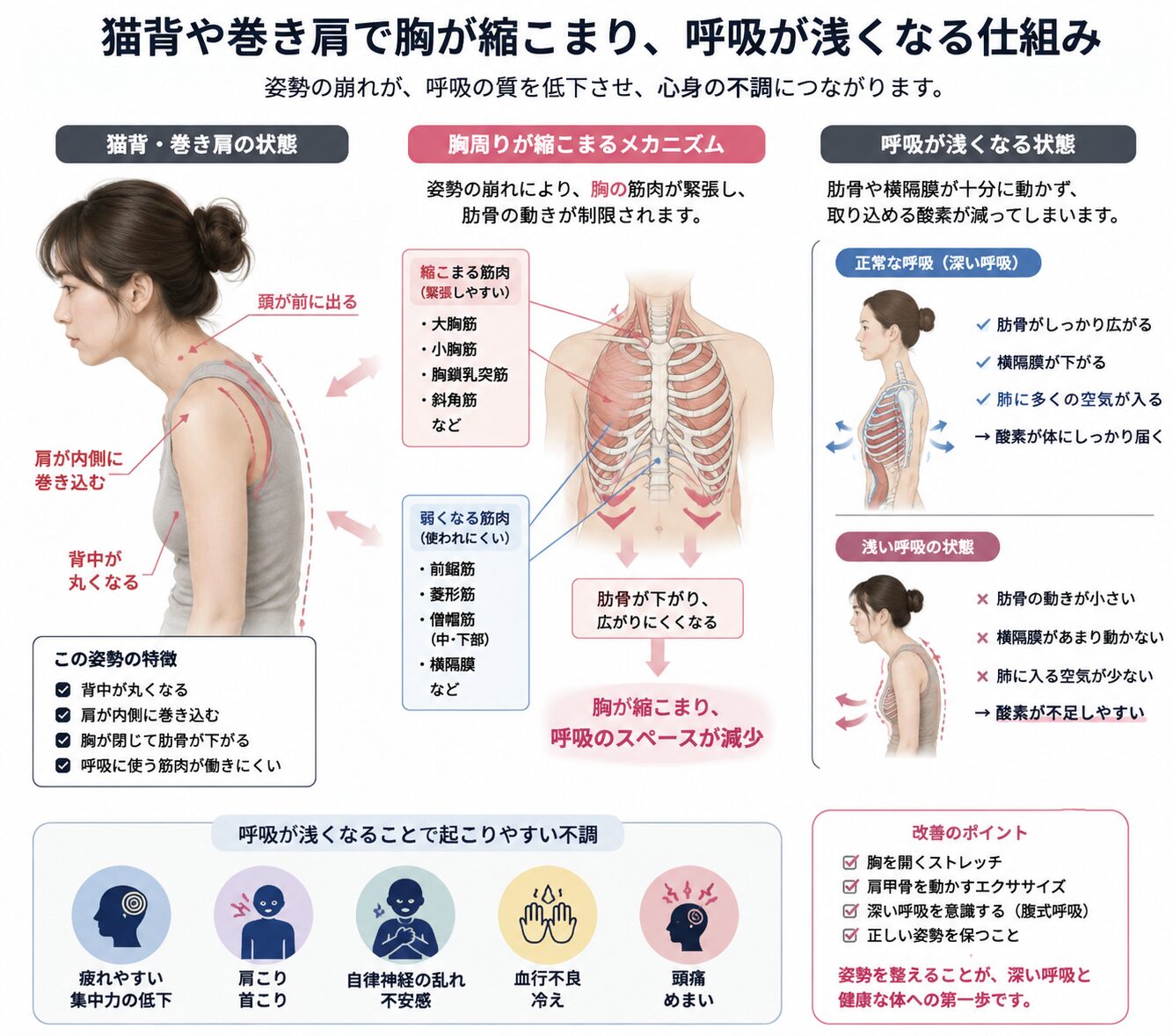 猫背や巻き肩で胸郭が圧迫されて呼吸が浅くなる原因