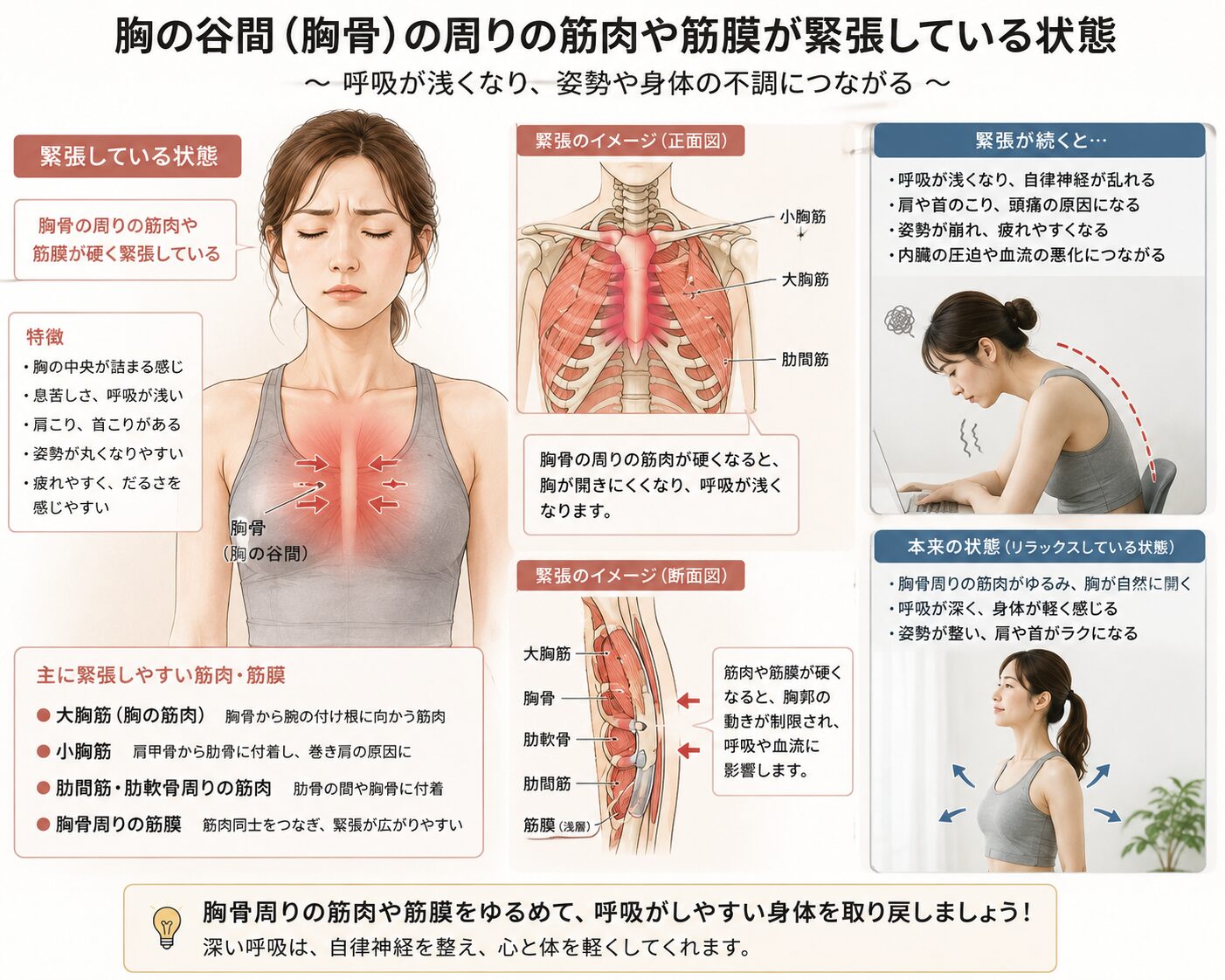 猫背と息苦しさの原因となる胸骨周りの筋肉の固まり