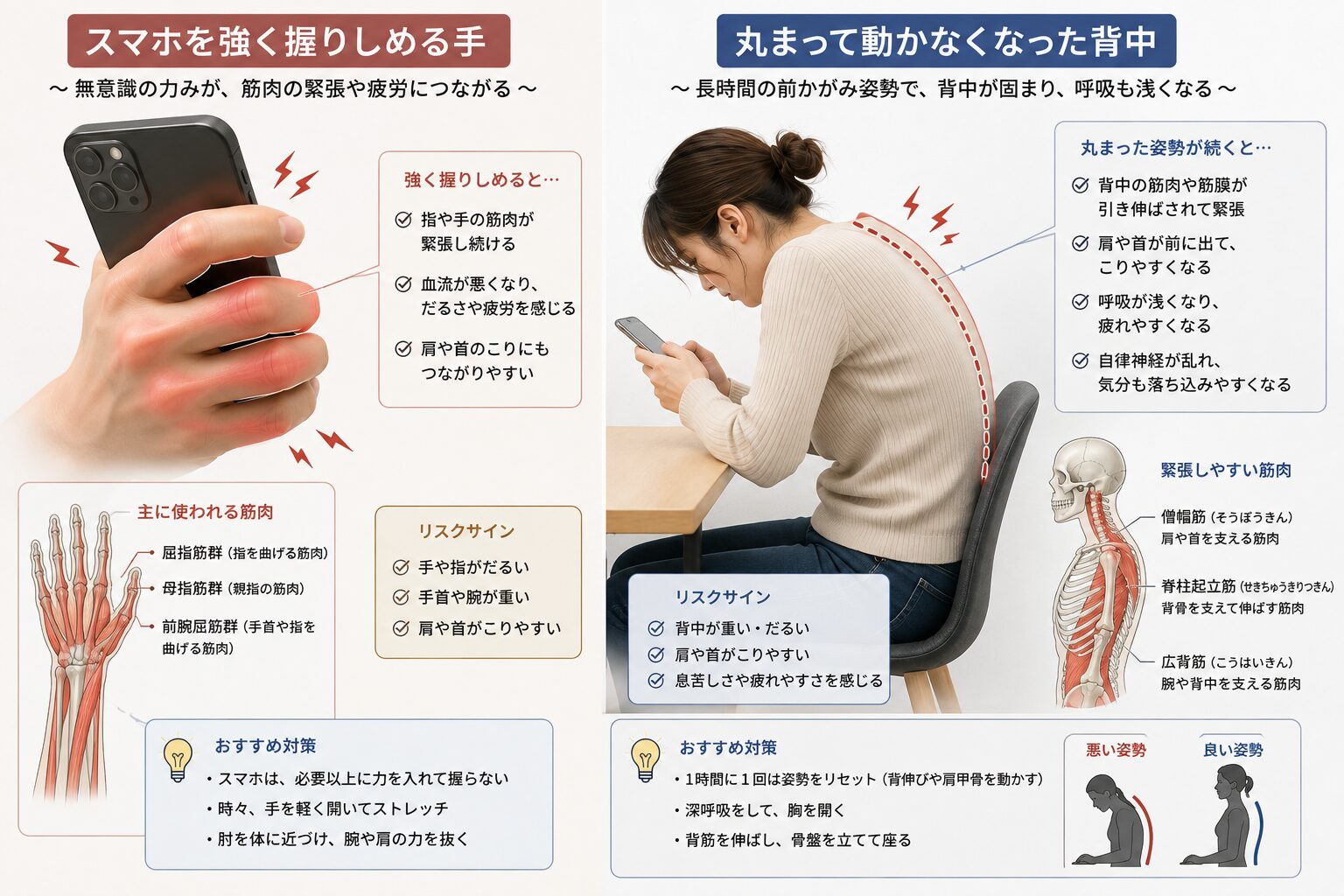 スマホ首の原因となる背中と手の固まり