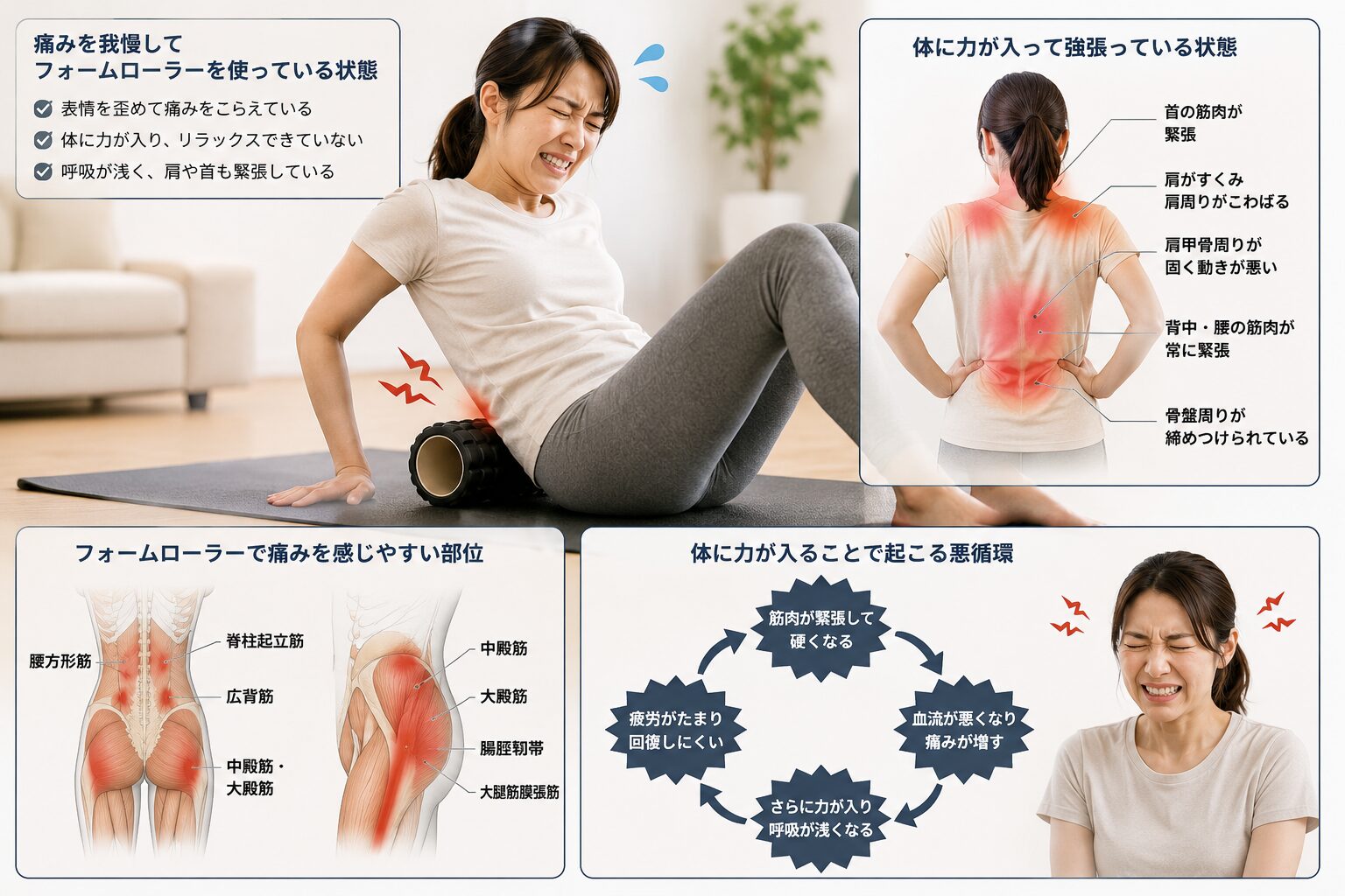 痛みを我慢する間違ったフォームローラーの使い方による体の強張り