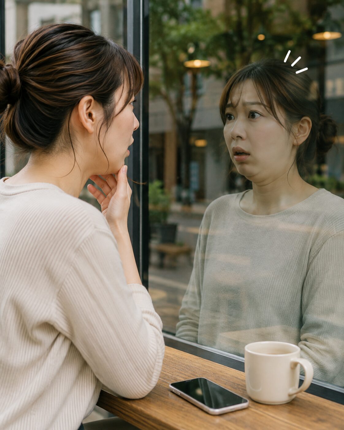 窓に映るスマホ首と二重あごに悩む女性