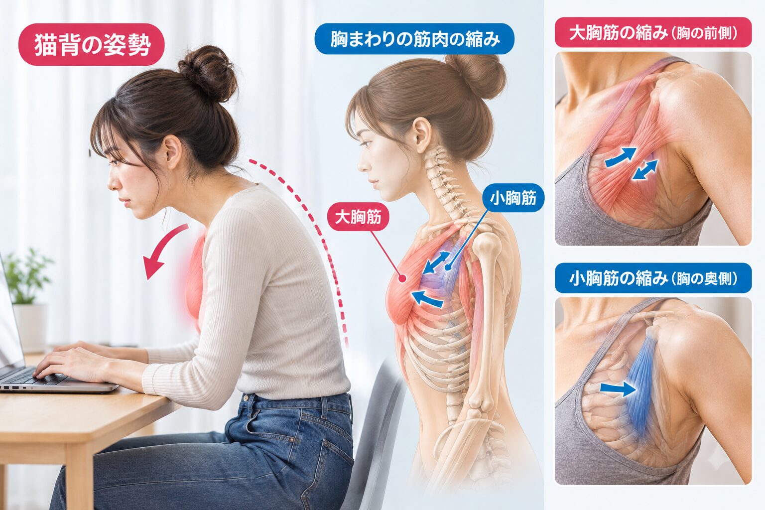 猫背の原因は背中ではなく前側の胸周りの縮みにある理由