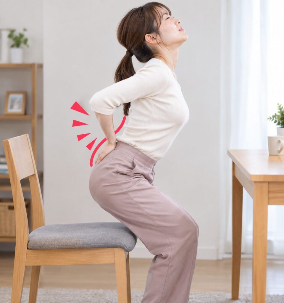 椅子からの立ち上がりで違和感のある腰を反らして伸ばしている女性