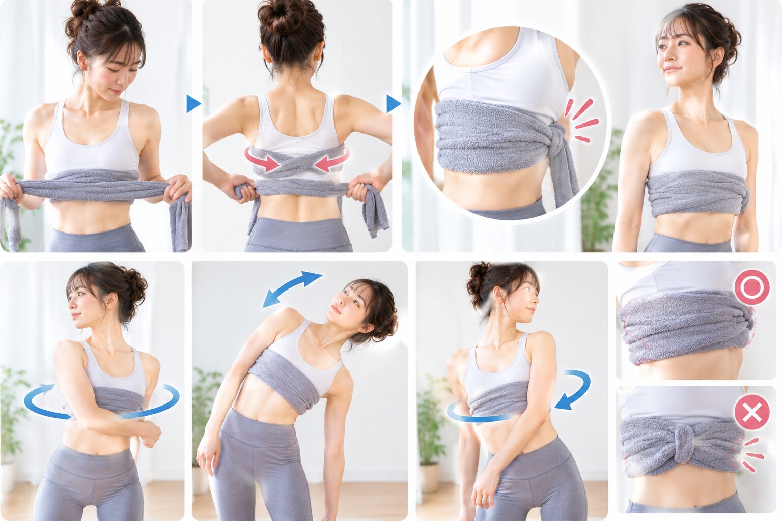 胸郭にタオルを巻き体を捻るガチガチ背中のケア方法